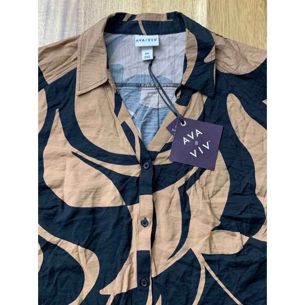 Ava & Viv Womens Plus Size Black & Tan Abstract Button-Front Shirt Size XXL - Picture 4 of 11